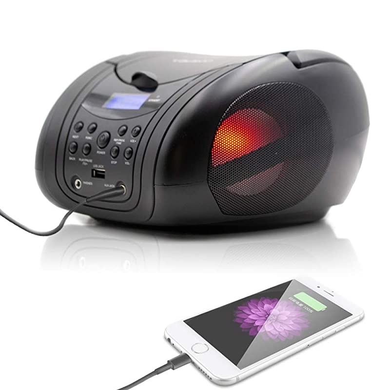 CP555 Boombox with Cd Player | Mp3 | Portable Radio | CDPlayer | Stereo with USB | Cd Player for Kids | LED Light | Headphone Jack 35mm | CDRadio Black