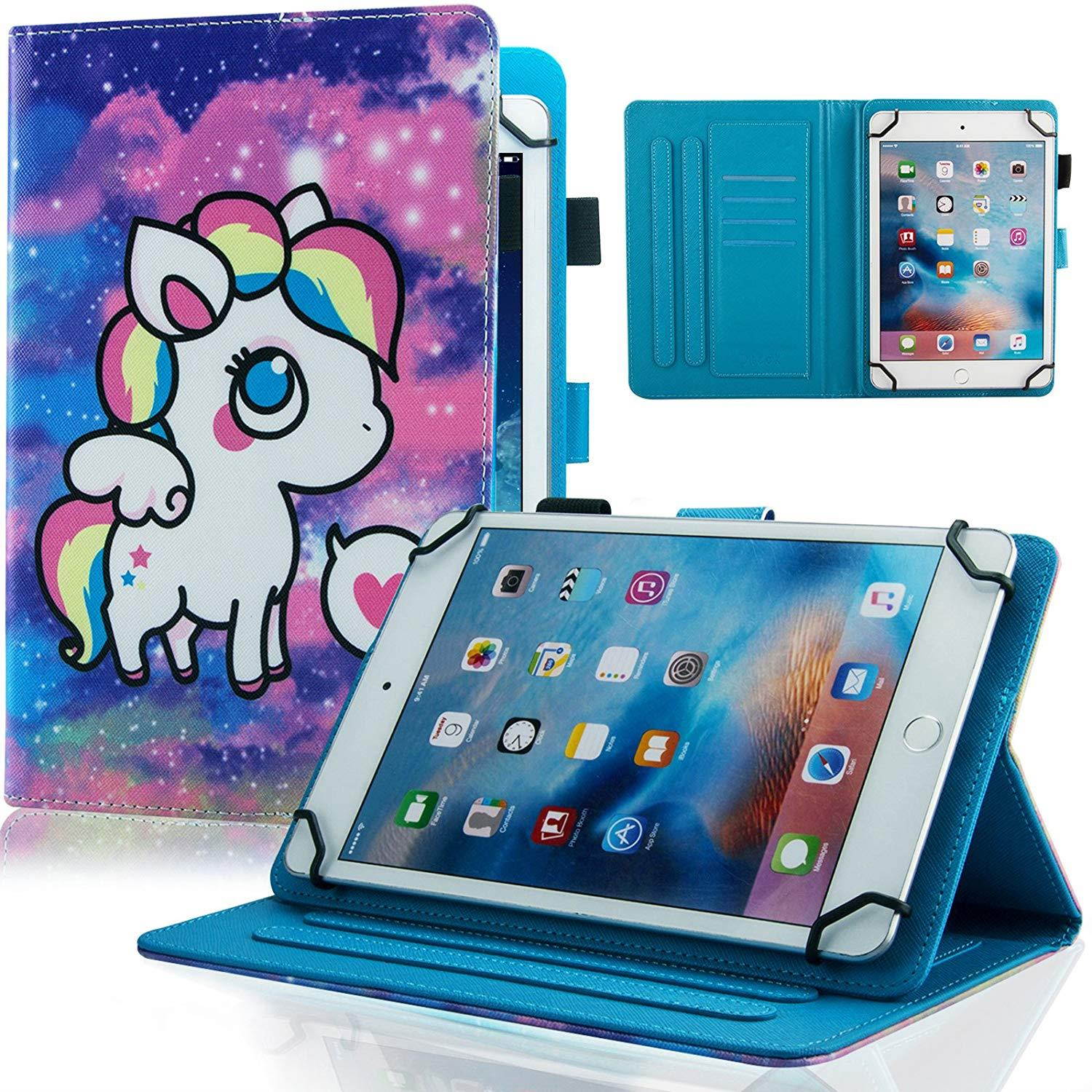 Universal Case for 6.5-7.5 inch Tablet, Dteck Slim Light PU Leather Protective Case with Card Slots Cute Cartoon Flip Stand Wallet Cover for All 6.5-7.5 inch iPad Android Windows Tablet,Purple Pony