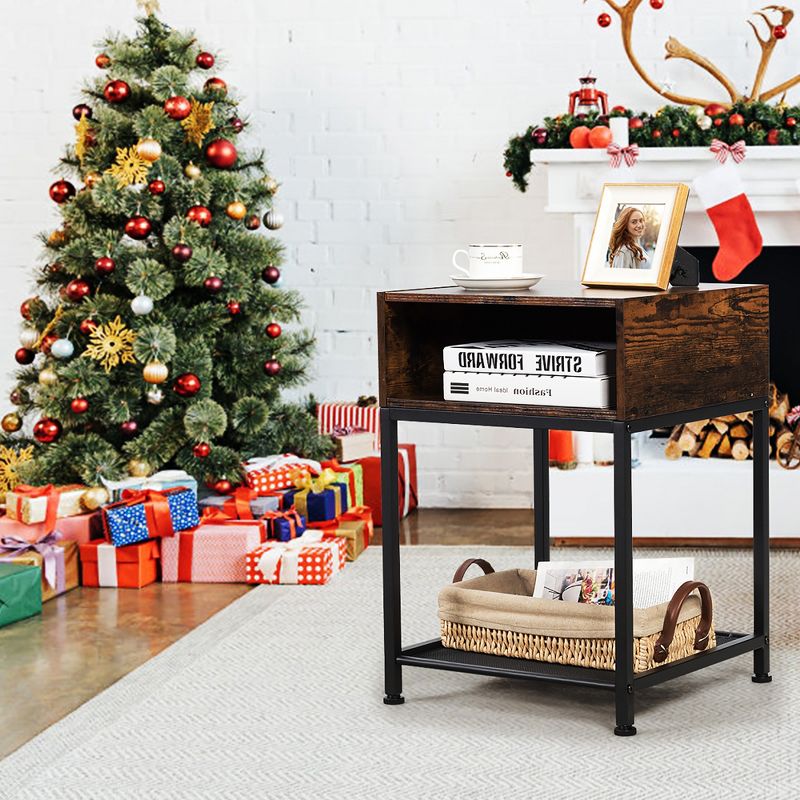 Costway Set of 2 Industrial Nightstand End Side Table W/ Compartment & Mesh Shelf