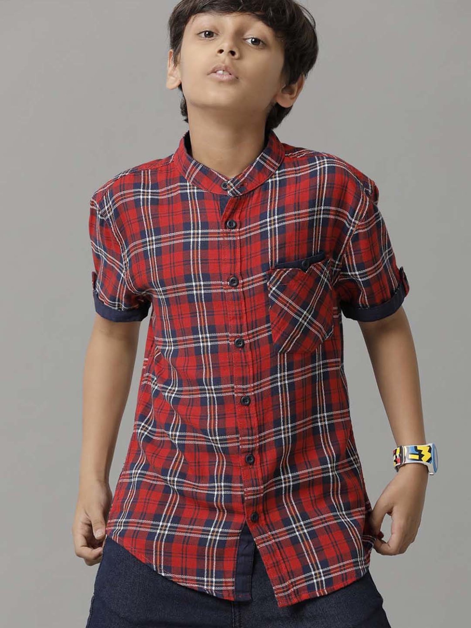 Under Fourteen Only Kids Red Cotton Chequered Shirt