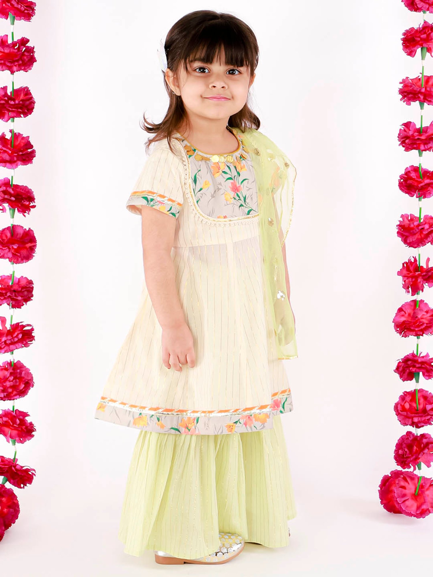 Little Bansi Kids Green Striped Kurta, Sharara with Dupatta