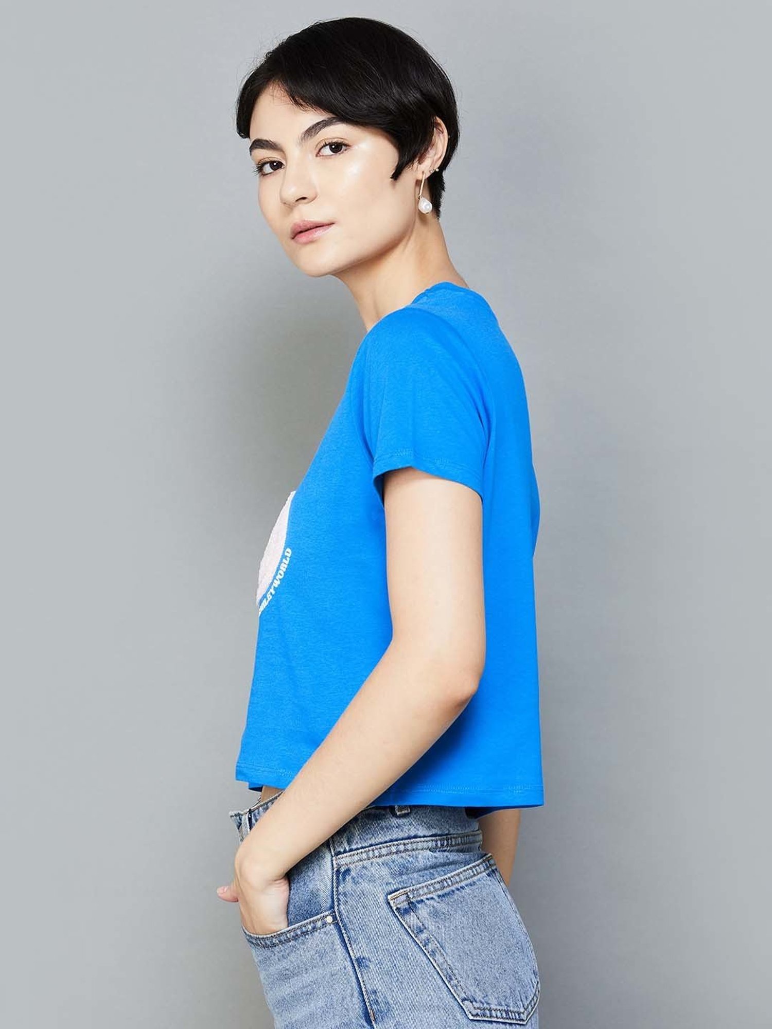 SmileyWorld Blue Cotton Printed Crop T-Shirt