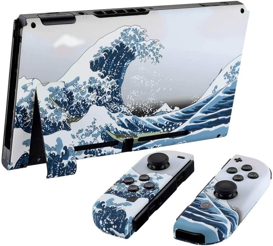 eXtremeRate Soft Touch Grip Back Plate for Nintendo Switch Console, NS Joycon Handheld Controller Housing with Full Set Buttons, DIY Replacement Shell for Nintendo Switch - The Great Wave