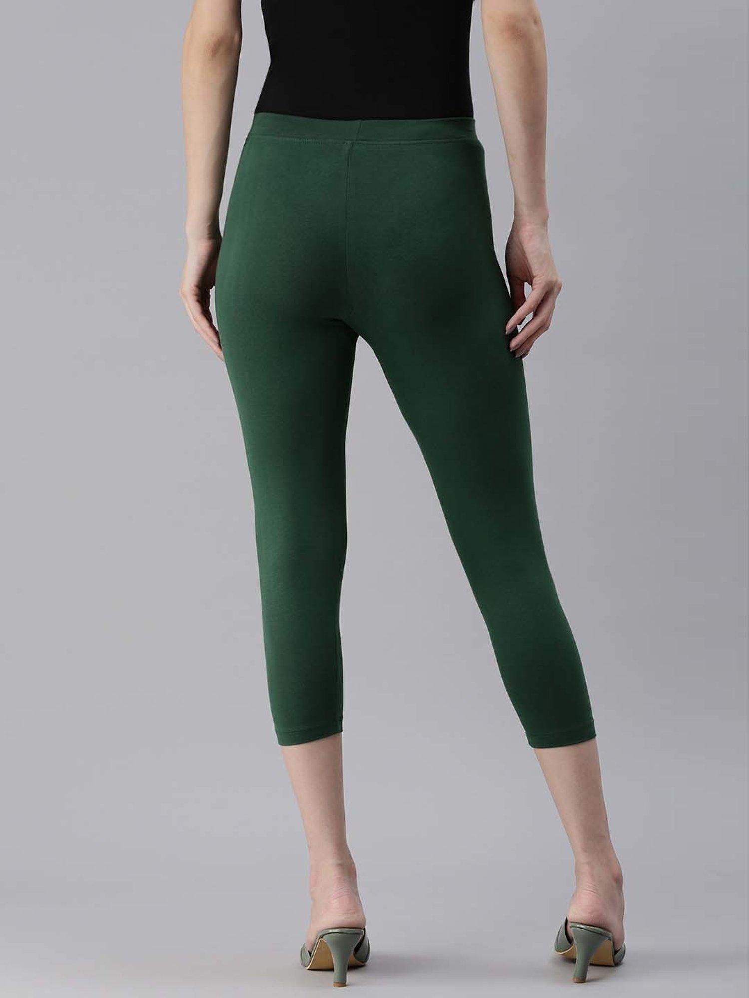 Kryptic Beige & Green Cotton Soild Crop Length Leggings - Pack Of 2