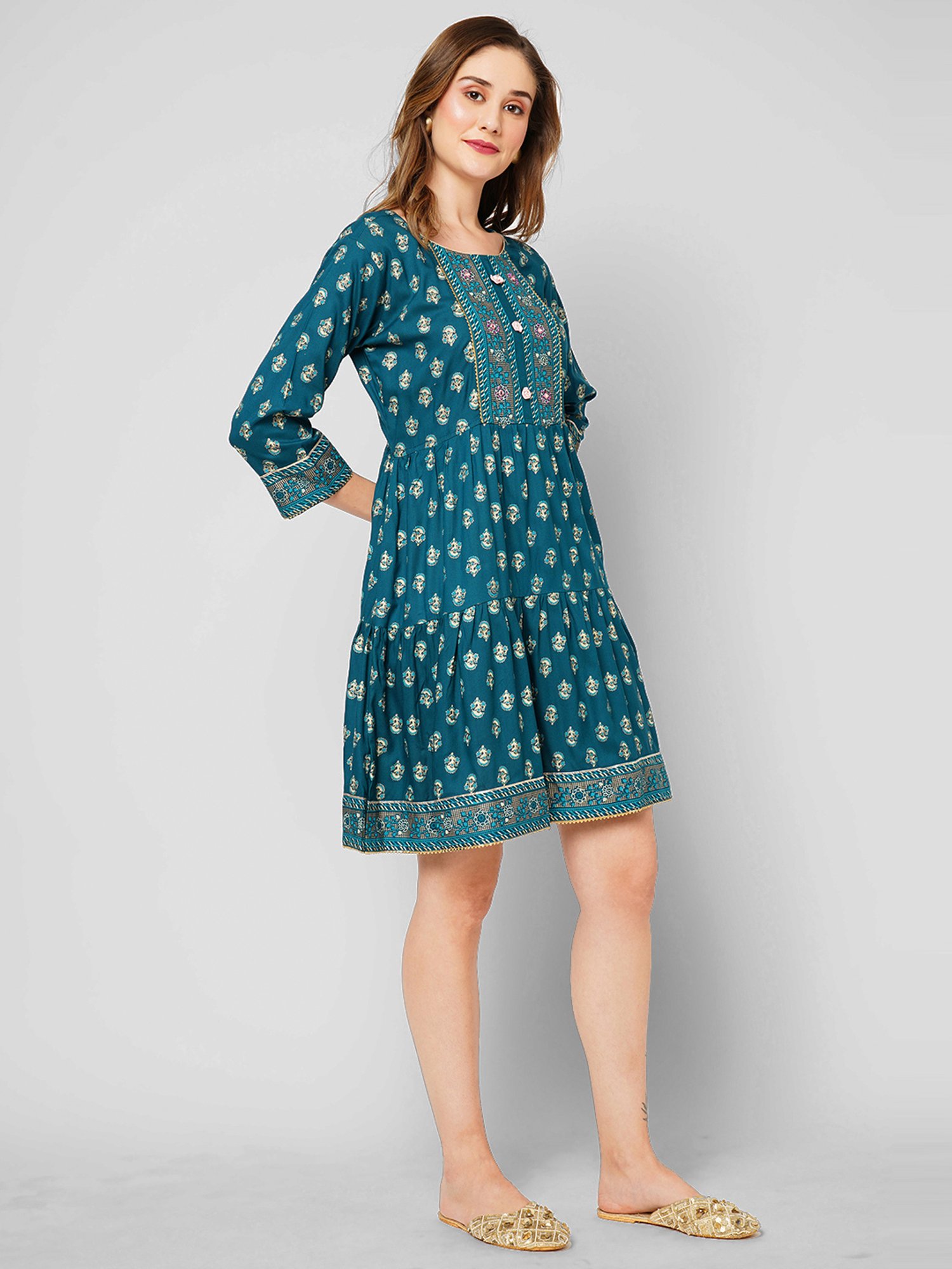 KIANA Blue Printed A-Line Dress