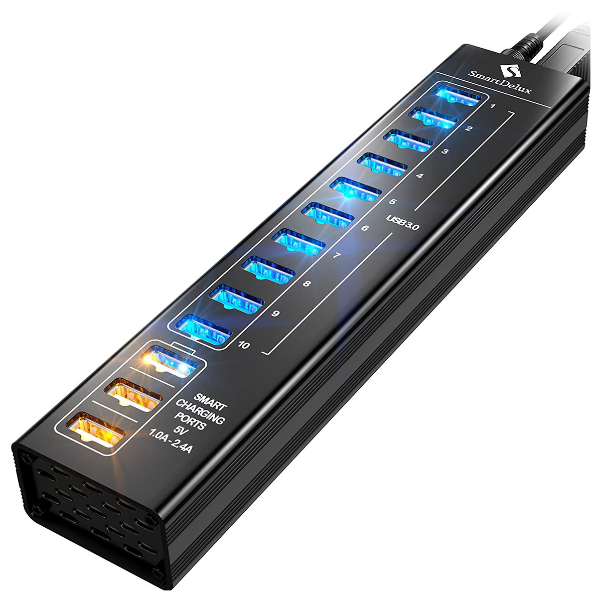Powered USB Hub - 13-Port USB 3.0 Hub with 10 USB 3.0 Ports, 3 Smart Charging Ports, Power Adapter, Long Cord, LEDs - Black Aluminum