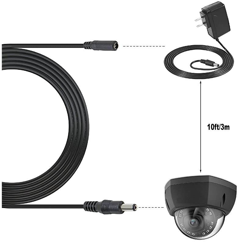 DC Power Cord,  10ft(3M) 2.1 mm x 5.5 mm Extension Cord for CCTV Security Cameras, WiFi Camera, LED Light Installations, IR Lights