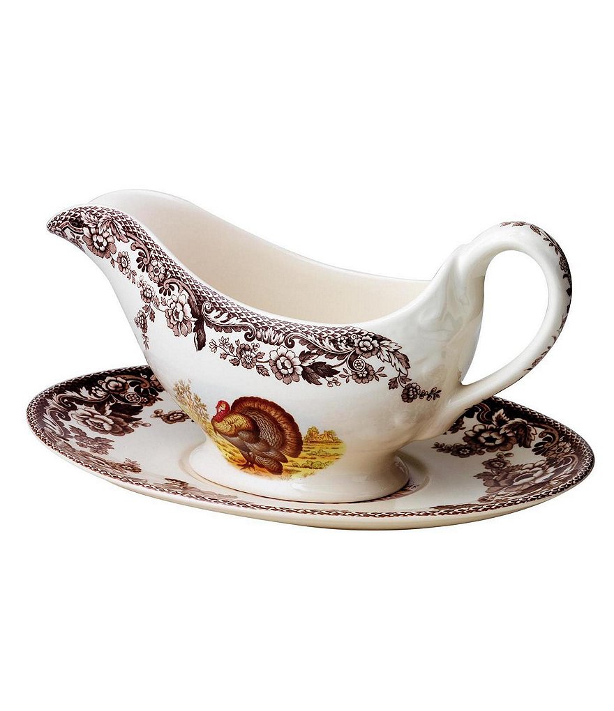 Spode Festive Fall Collection Woodland Turkey Gravy Boat & Stand