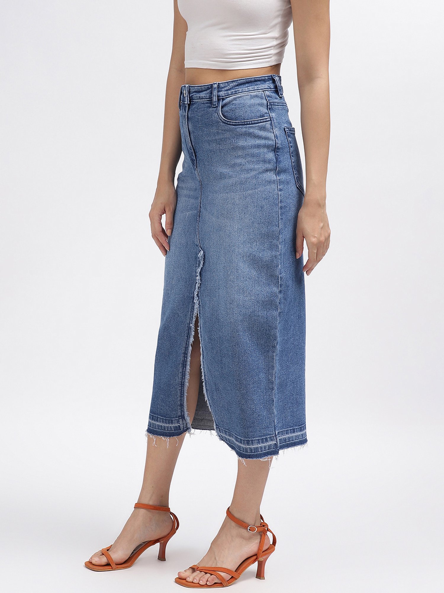 Elle Blue Cotton Midi Skirt