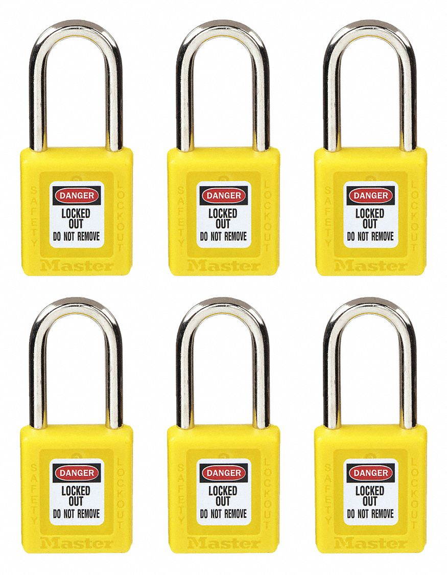 MASTER LOCK 410KAS6YLW Lockout Padlock,KA,Yellow,1-3/4"H,PK6