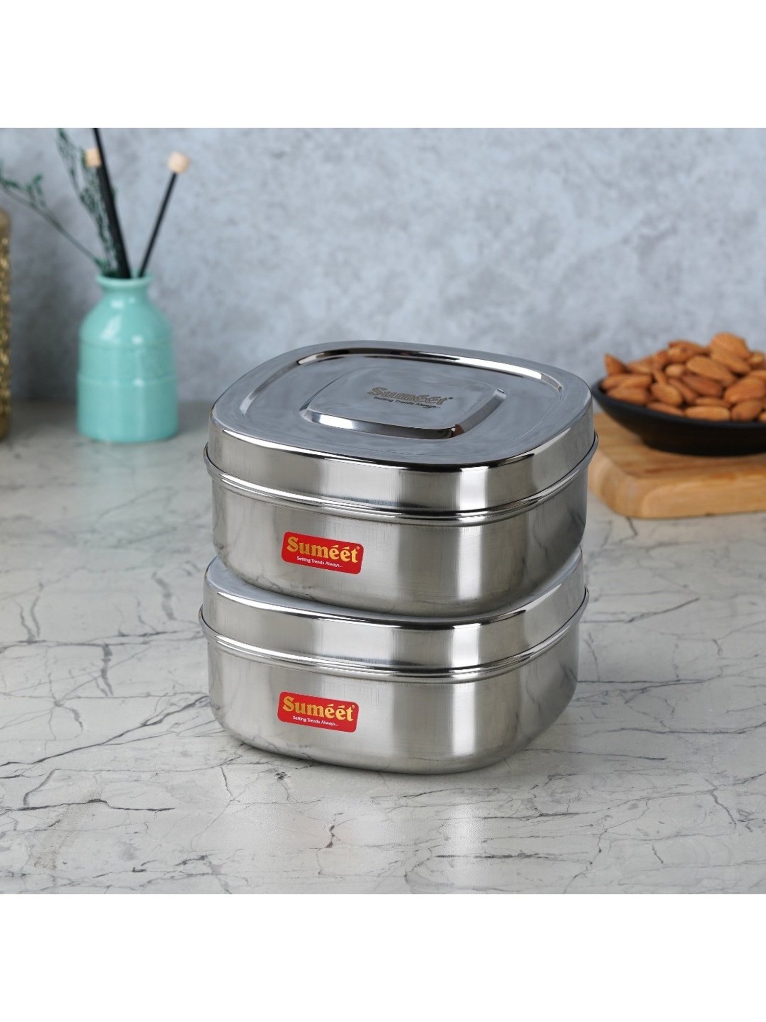 Sumeet S.S. Square Storage containers box/Dabba for Kitchen, Set of 2Pcs, 1000ml, 14cm Dia, Silver