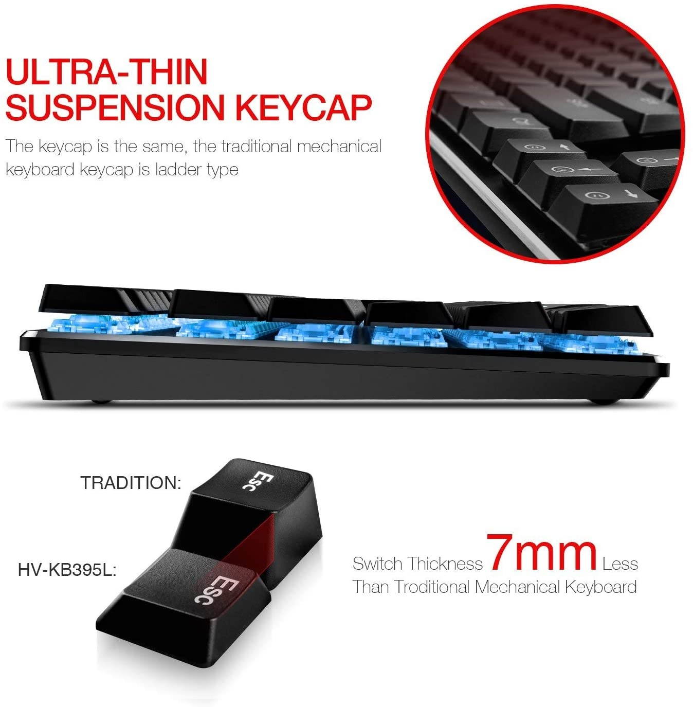 Mechanical Keyboard HAVIT RGB Backlit Wired Gaming Keyboard Extra-Thin & Light, Kailh Latest Low Profile Blue Switches, 104 Keys N-Key Rollover HV-KB395L (Black)