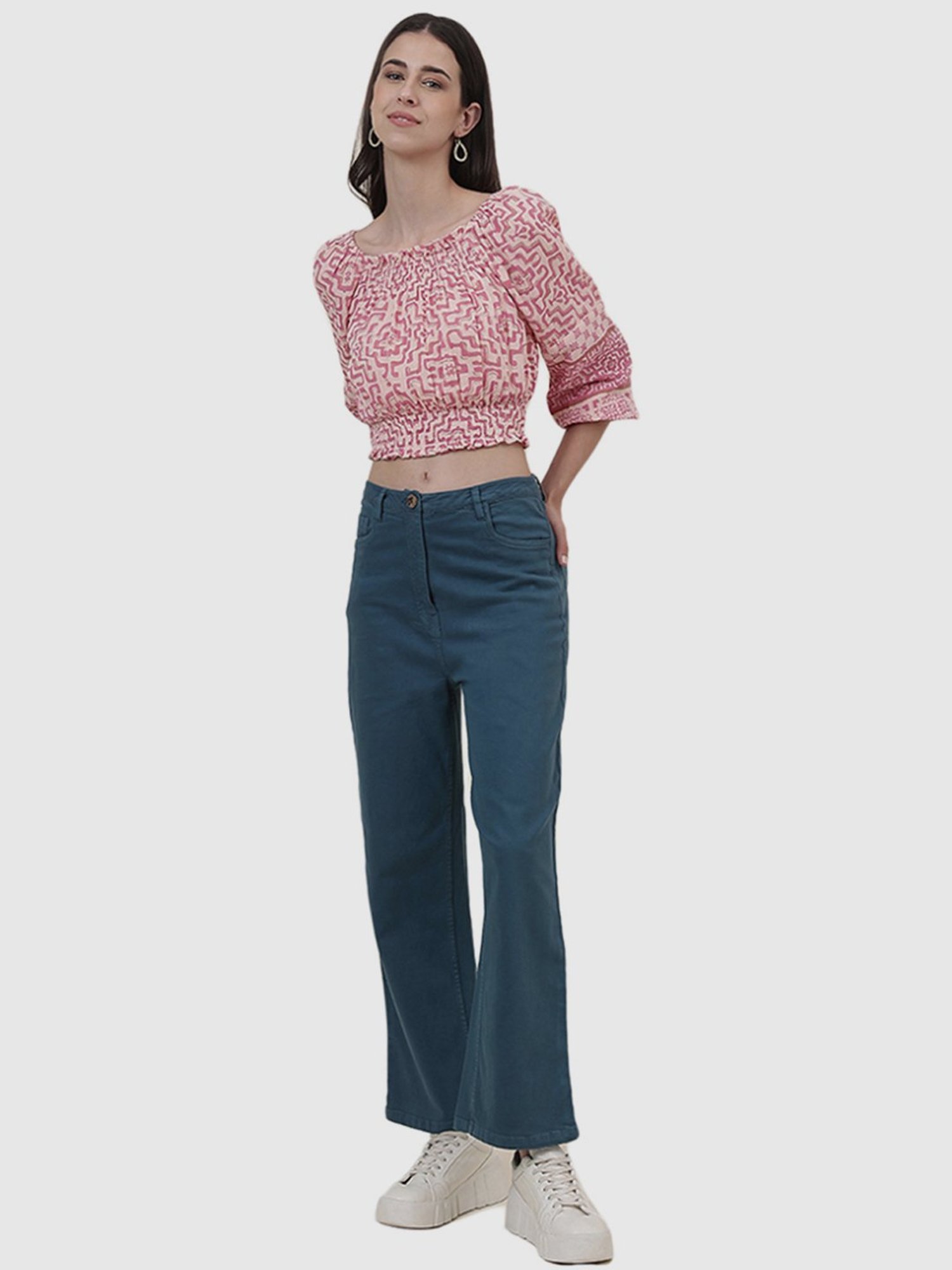 Fabindia Pink Cotton Printed Crop Top