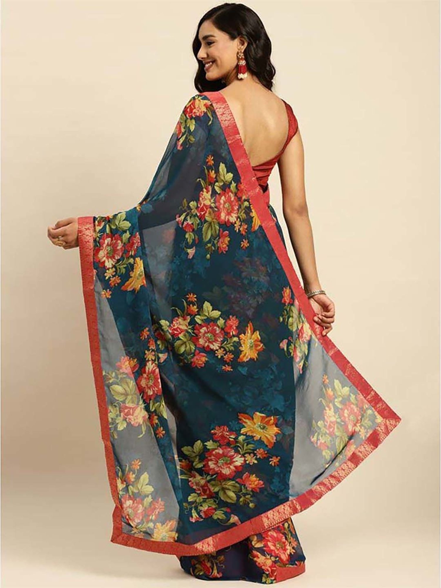 Rangita Teal Blue Floral Print Saree With Unstitched Blouse