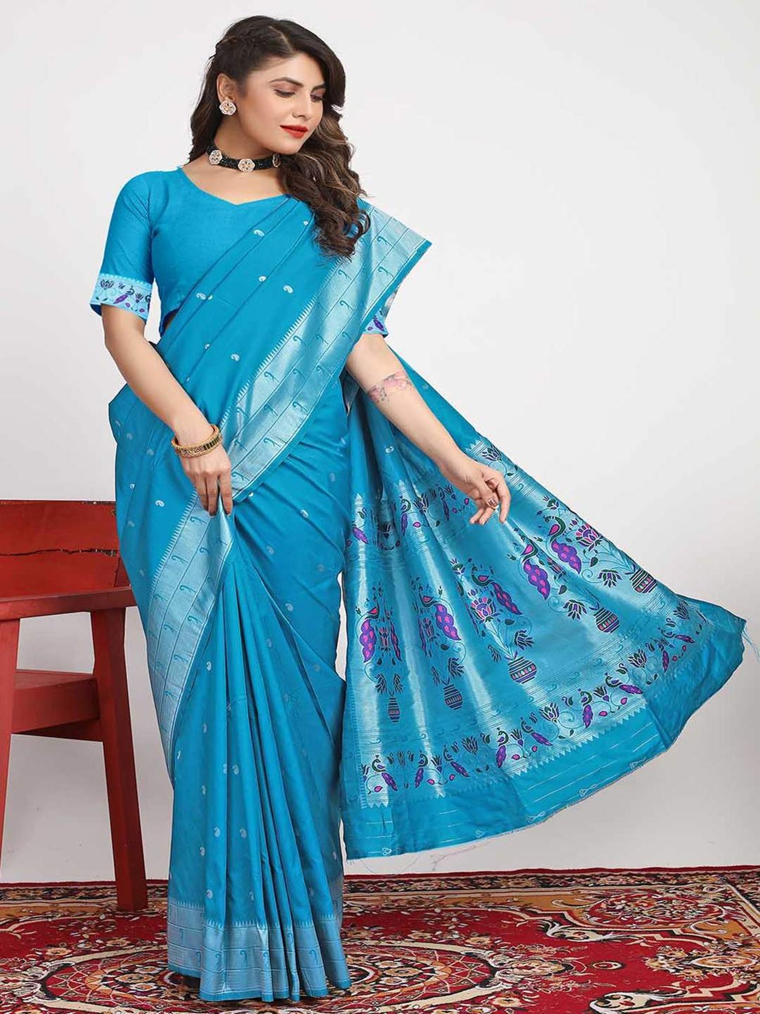 SHUBHKALA Blue Silk Woven Saree With Unstitched Blouse