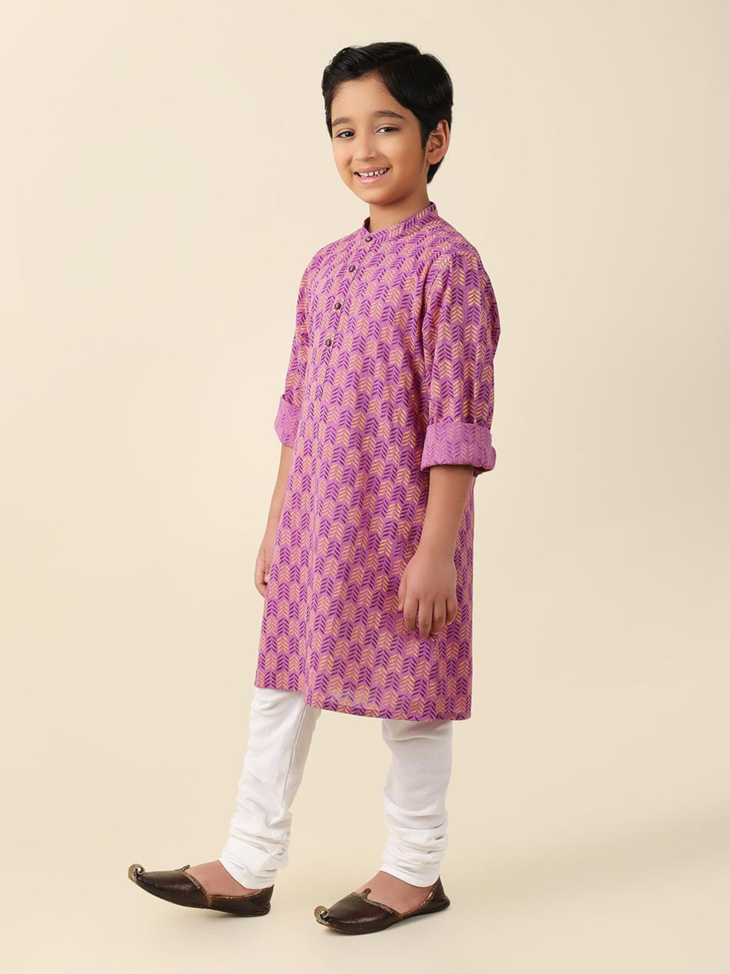 Fabindia Kids Light Purple Printed Full Sleeves Kurta