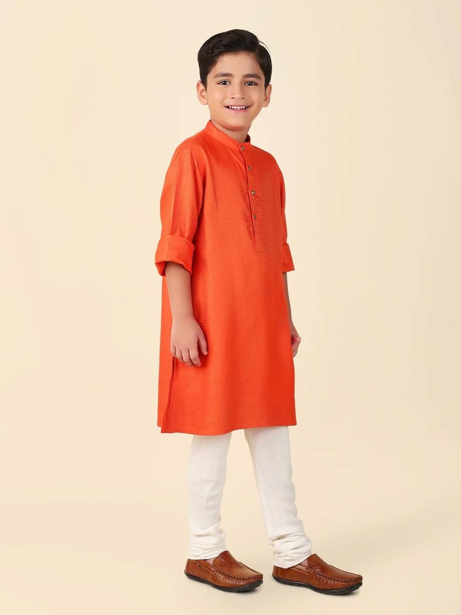 Fabindia Kids Orange Textured Pattern Full Sleeves Kurta