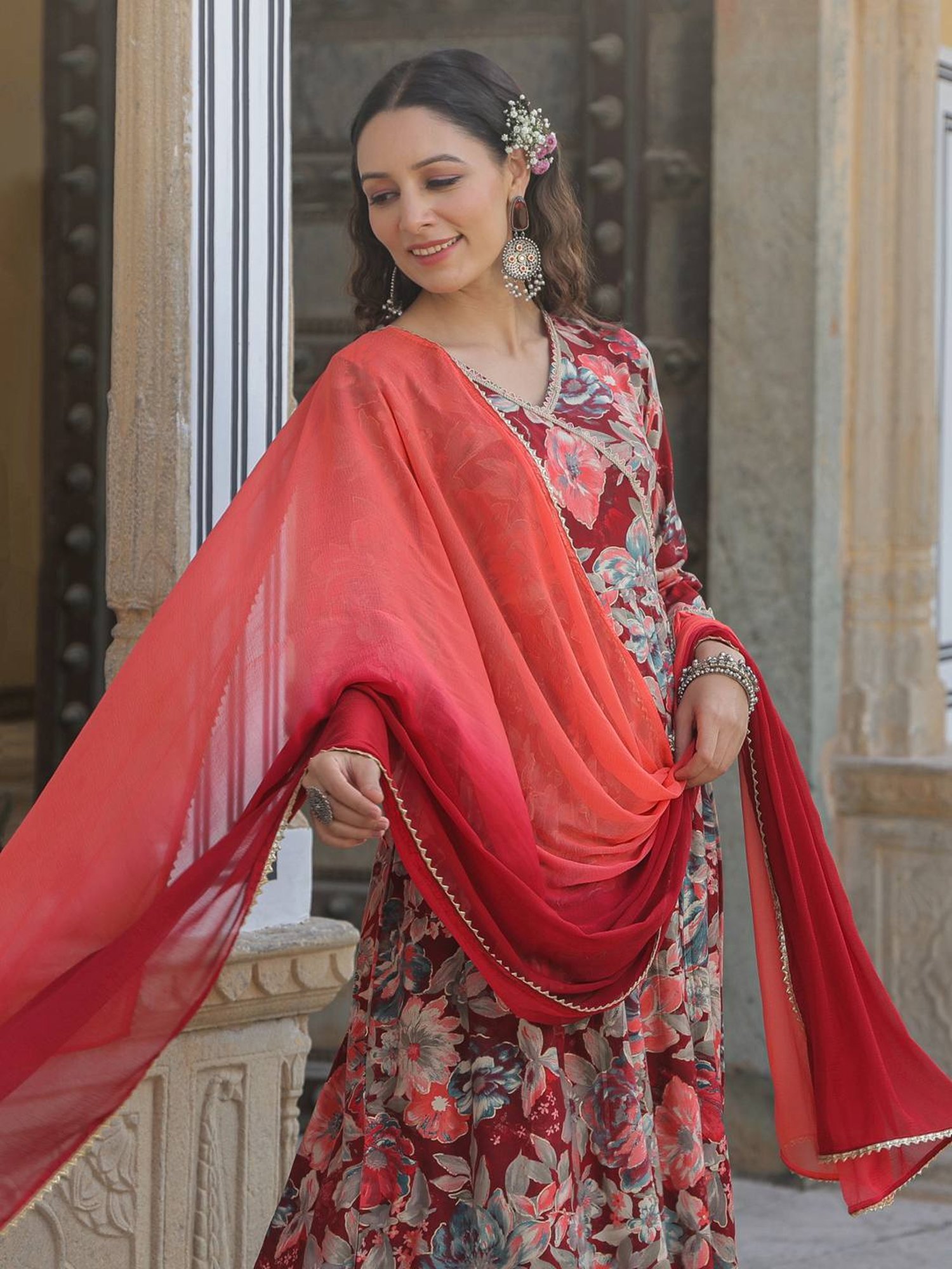 Rain and Rainbow Maroon Floral Print Kurta & Pant Set With Dupatta