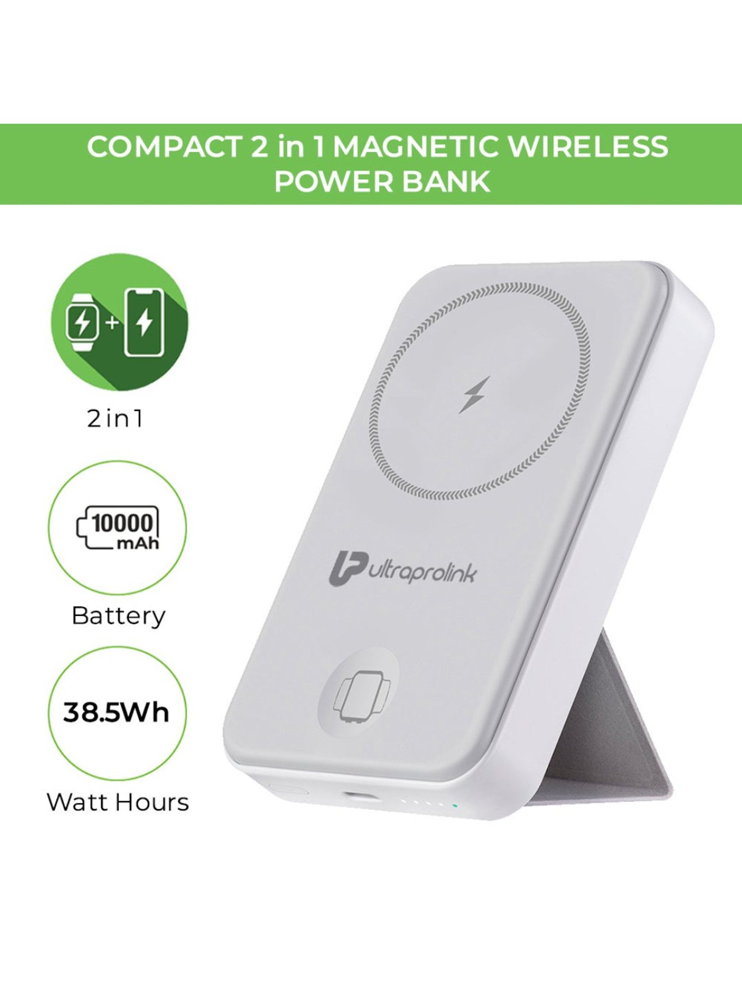 ULTRAPROLINK UM1113BLU 10,000mAh 2 in 1 Wireless Magnetic Power Bank with LED Display (White)