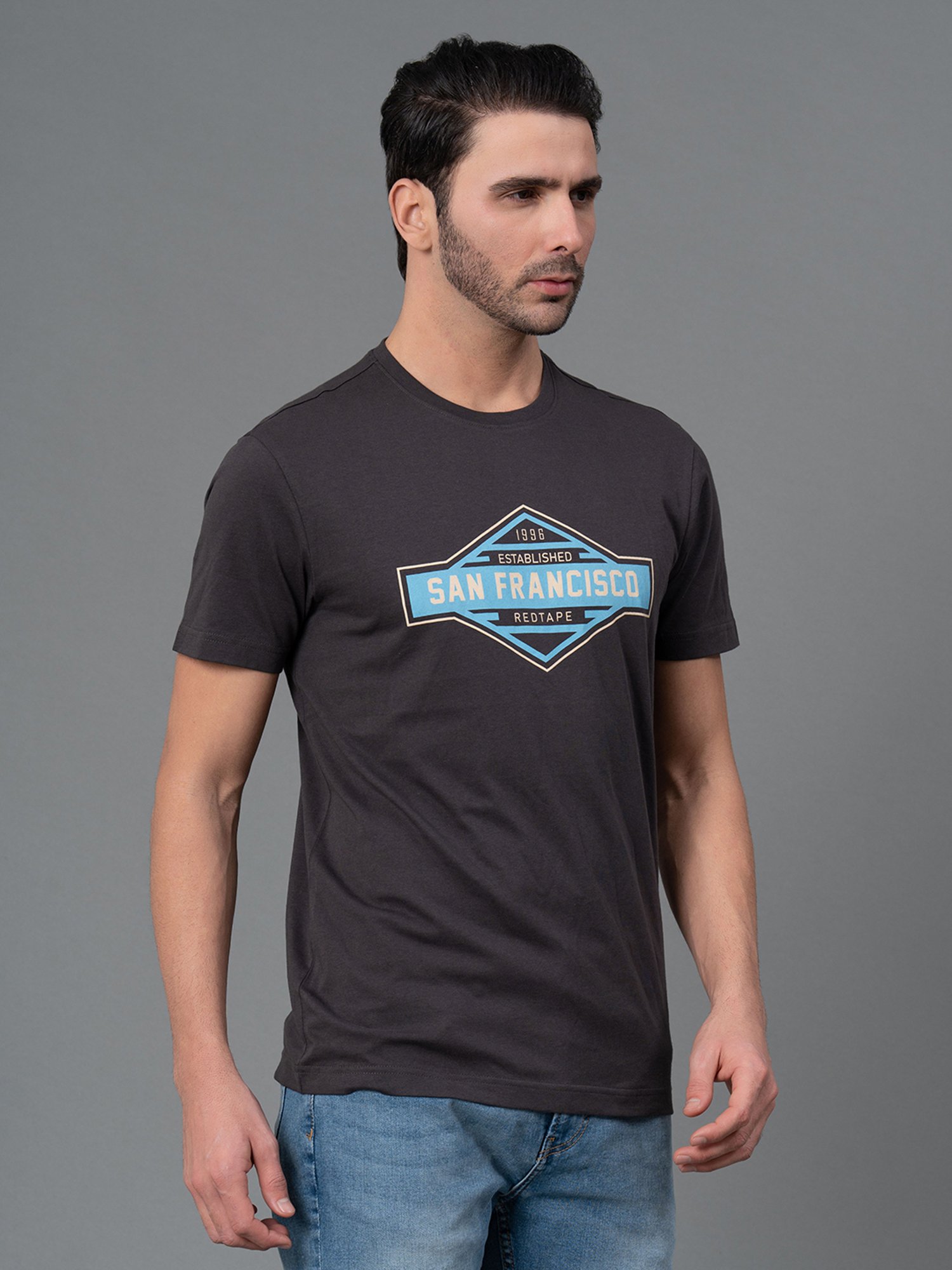Red Tape Dark Grey Regular Fit Graphic Print Cotton Crew T-Shirt