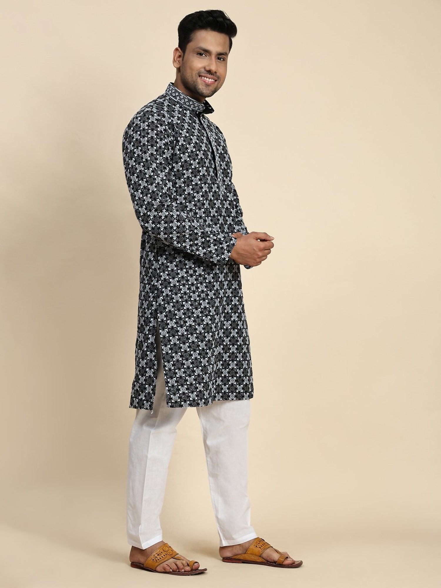 Pro-Ethic Style Developer Black & White Cotton Regular Fit Embellished Kurta Bottom Set