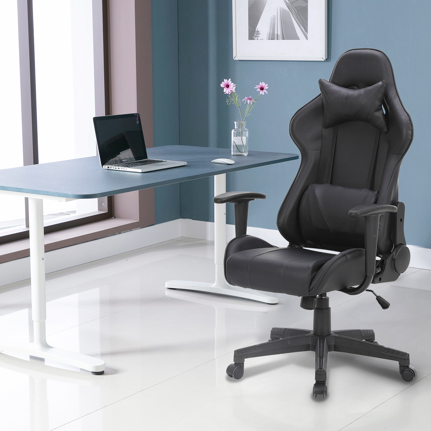 Racing Style Ergonomic Computer Gaming Chair Massage Chair with High-Back Swivel PU Leather, Seat Height Adjustable, and Lumbar & Head Support