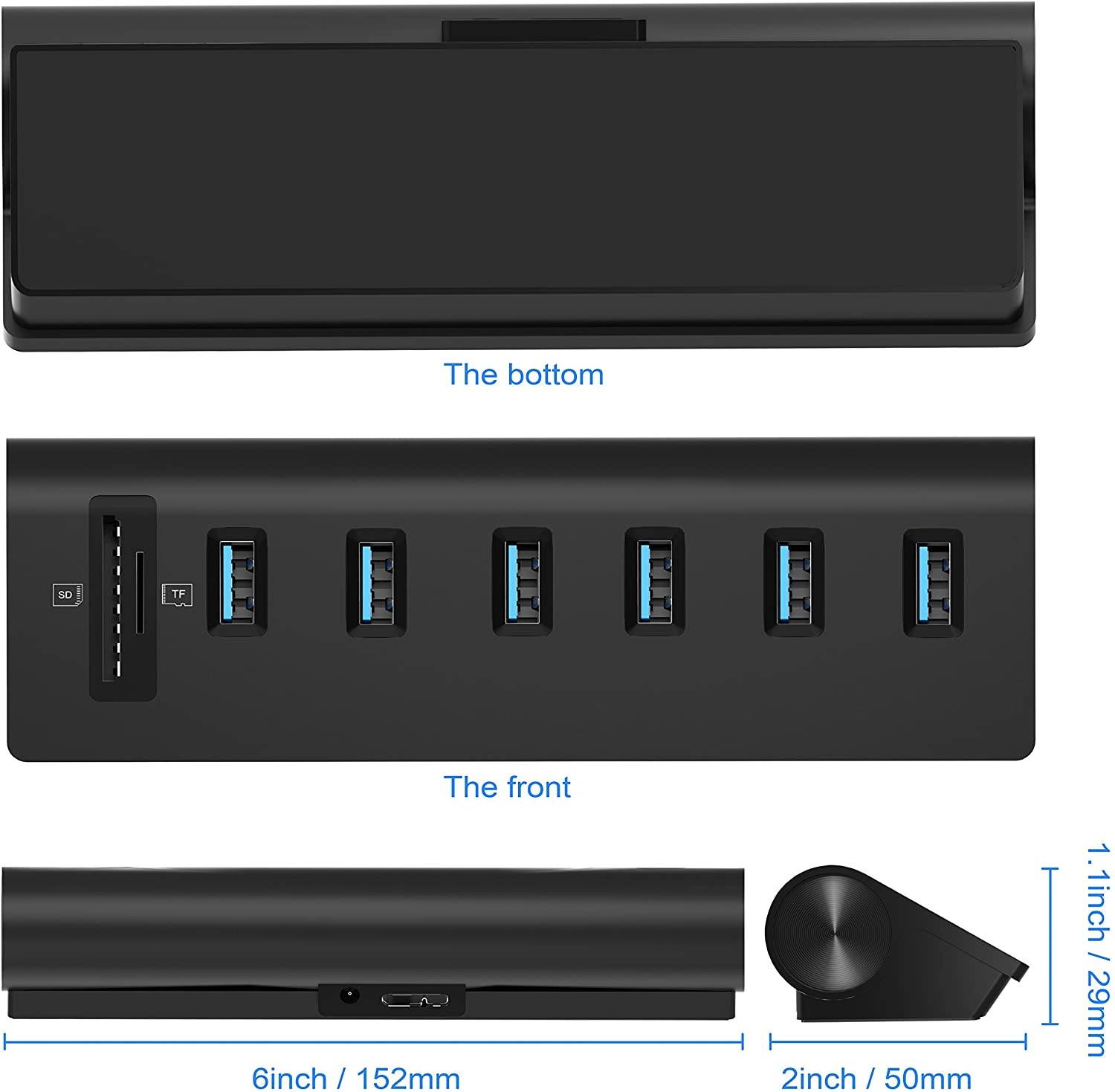 Cateck USB 3.0 Hub, Aluminum Hub with 6 USB 3.0 Ports+SD/TF Card Solts+5V/4A High Capacity Power Supply for Mac, Mac Book Air, Mac Pro,Mac Book Pro, Mac Book, Mac Mini, PCs and Laptops (Black)