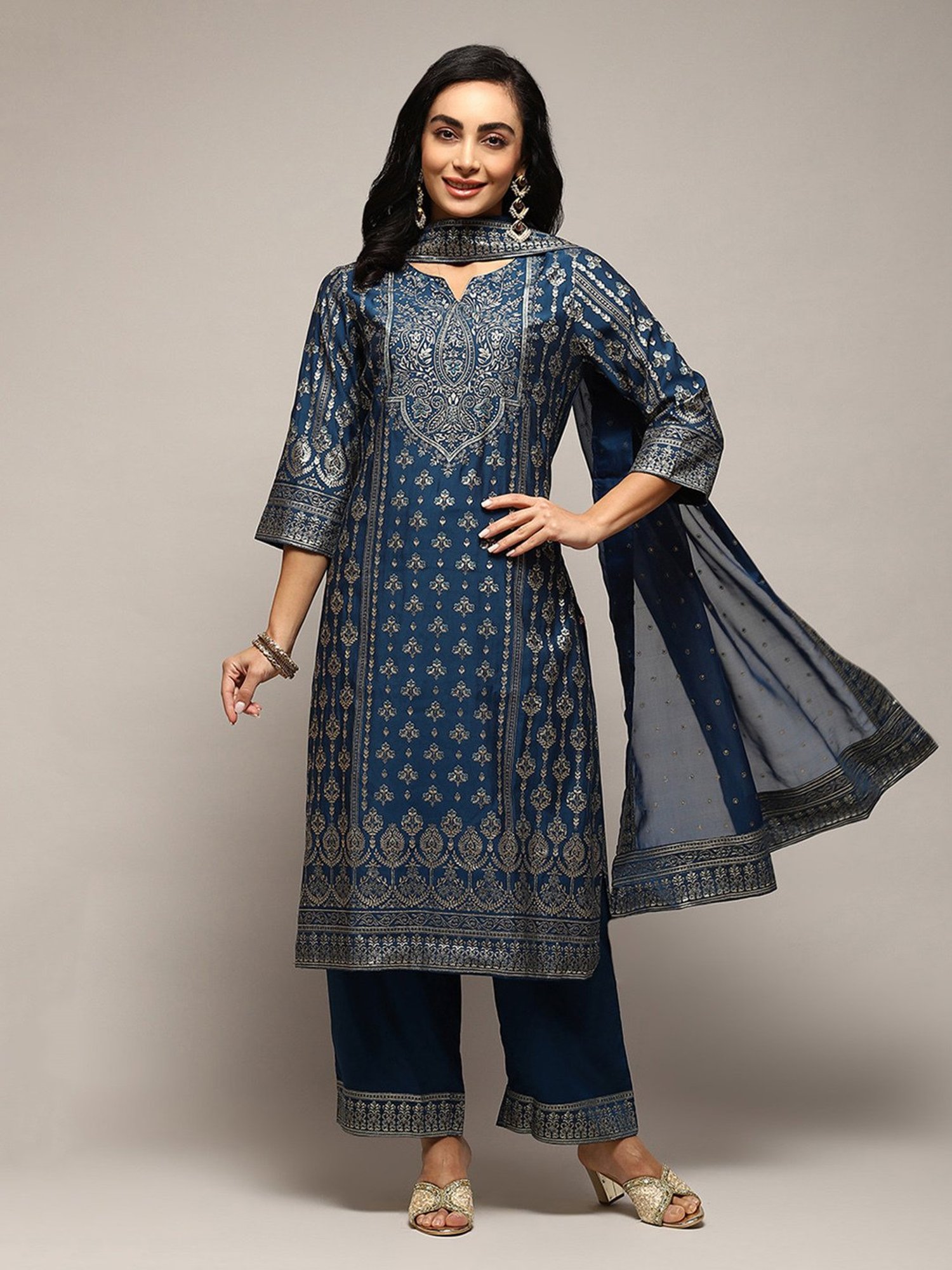 Biba Teal Printed Kurta With Palazzo & Dupatta