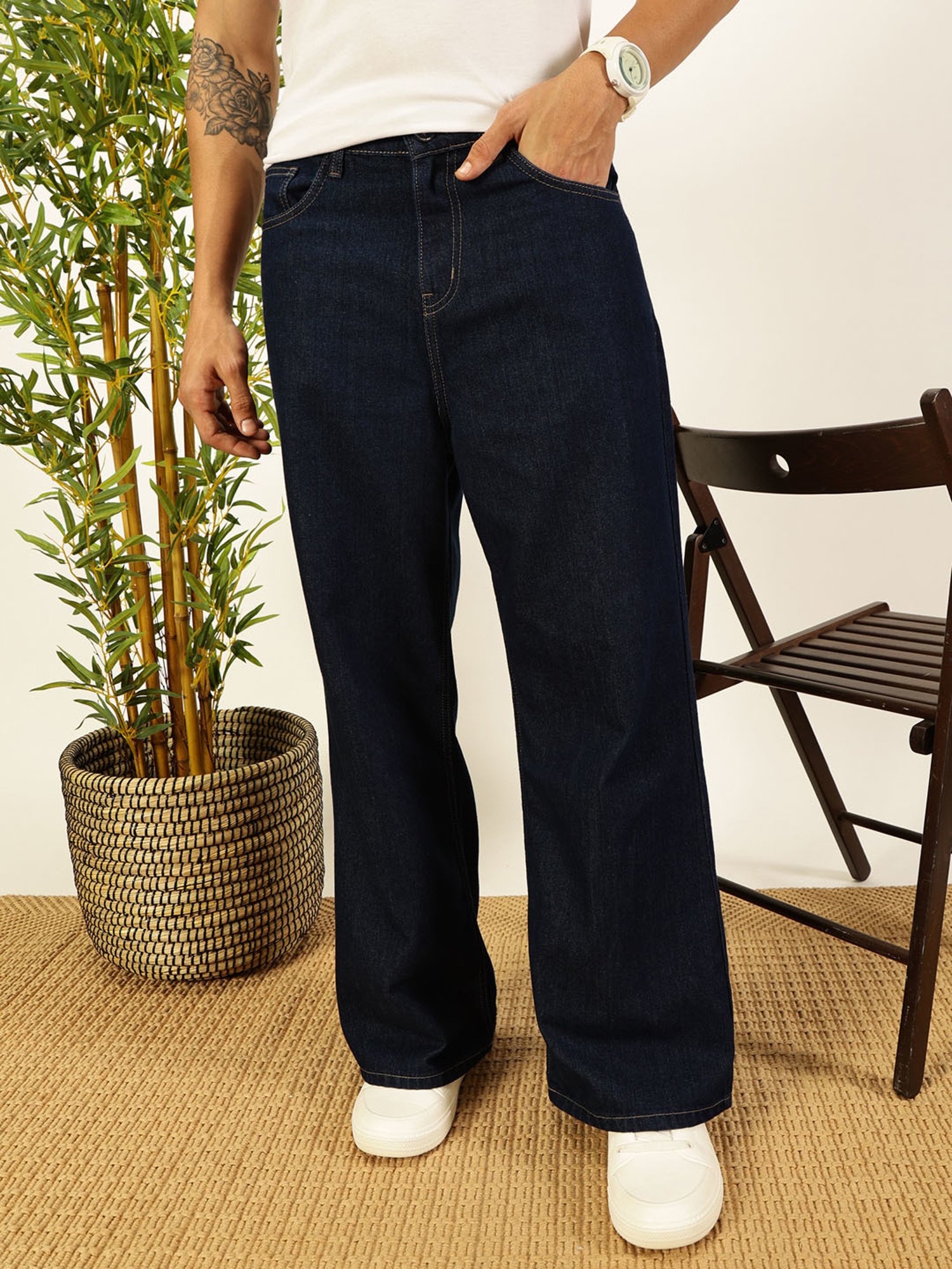 Thomas Scott Dark Blue Cotton Loose fit Solid Jeans