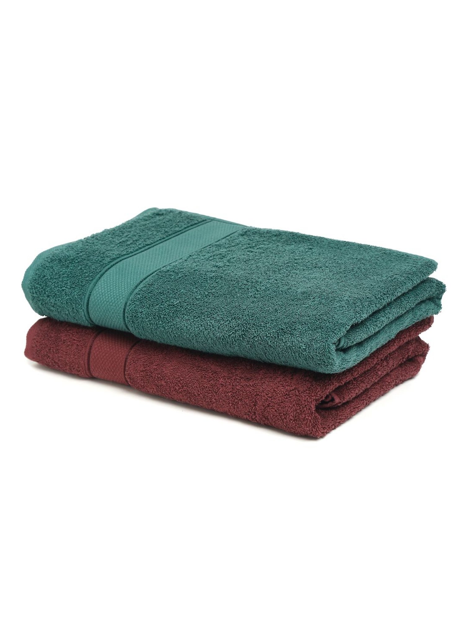 Creeva Wine & Dark Green 525 GSM Cotton Bath Towel Set of 2