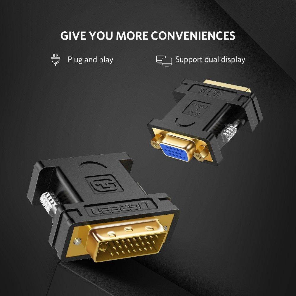 UGREEN DVI to VGA Adapter, 1080P DVI-I 24+5 Male to VGA HD15 Female Cable Converter with Gold-plated Connector Compatible for Gaming Monitor, DVD, Laptop, HDTV and Projector (Black)