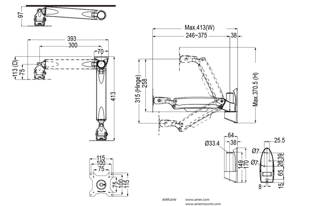Amer AMR1AW Articulating LCD/LED Monitor Wall Mount Single Link Spring Cantilever Support Standard VESA