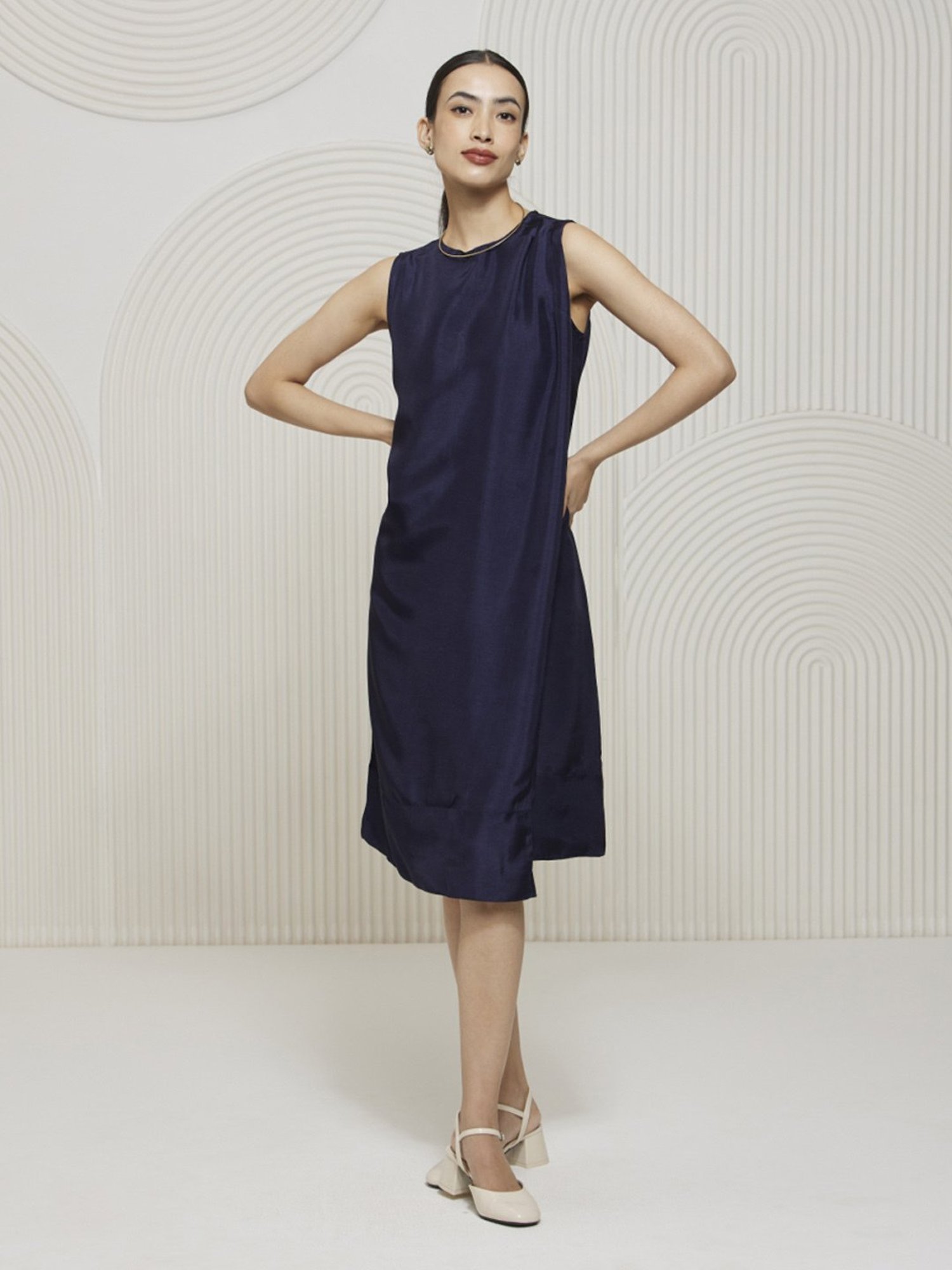 Artagai Navy Peony Elevated Basics Knee Length Dress with Pleat Detail At Shoulder