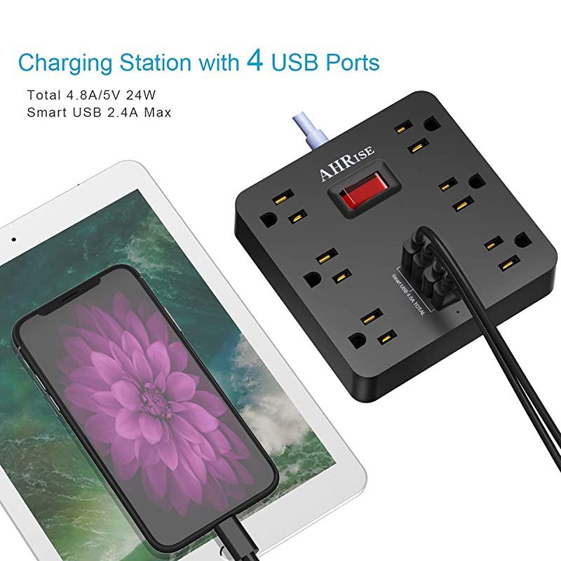 Power Strip  Extension Cord with 6 AC Outlets and 4 USB Charging Ports5V34A17W for Smartphone Tablets Home Office Hotel Cruise Ship 5 Feet Long Cord ETL Listed Black
