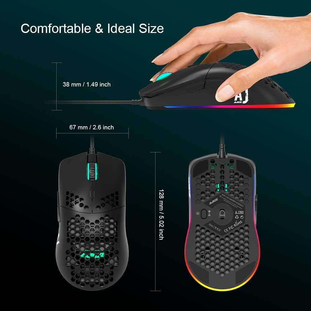 69G USB Wired Gaming Mouse with Lightweight Honeycomb Shell - RGB Chroma LED Light - Programmable 7 Buttons - Pixart 3338 16000 DPI Optical Sensor