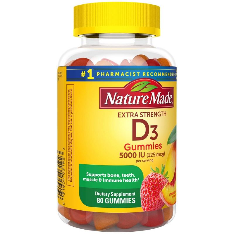 Nature Made Extra Strength Vitamin D3 5000 IU (125 mcg) Gummies - Strawberry, Peach & Mango - 80ct