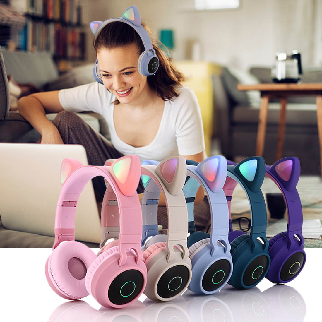 Cat Ear LED Bluetooth Headphone Bluetooth 5.0 Kids Headphones Glowing Light Handsfree Headset Gaming Earphones for PC