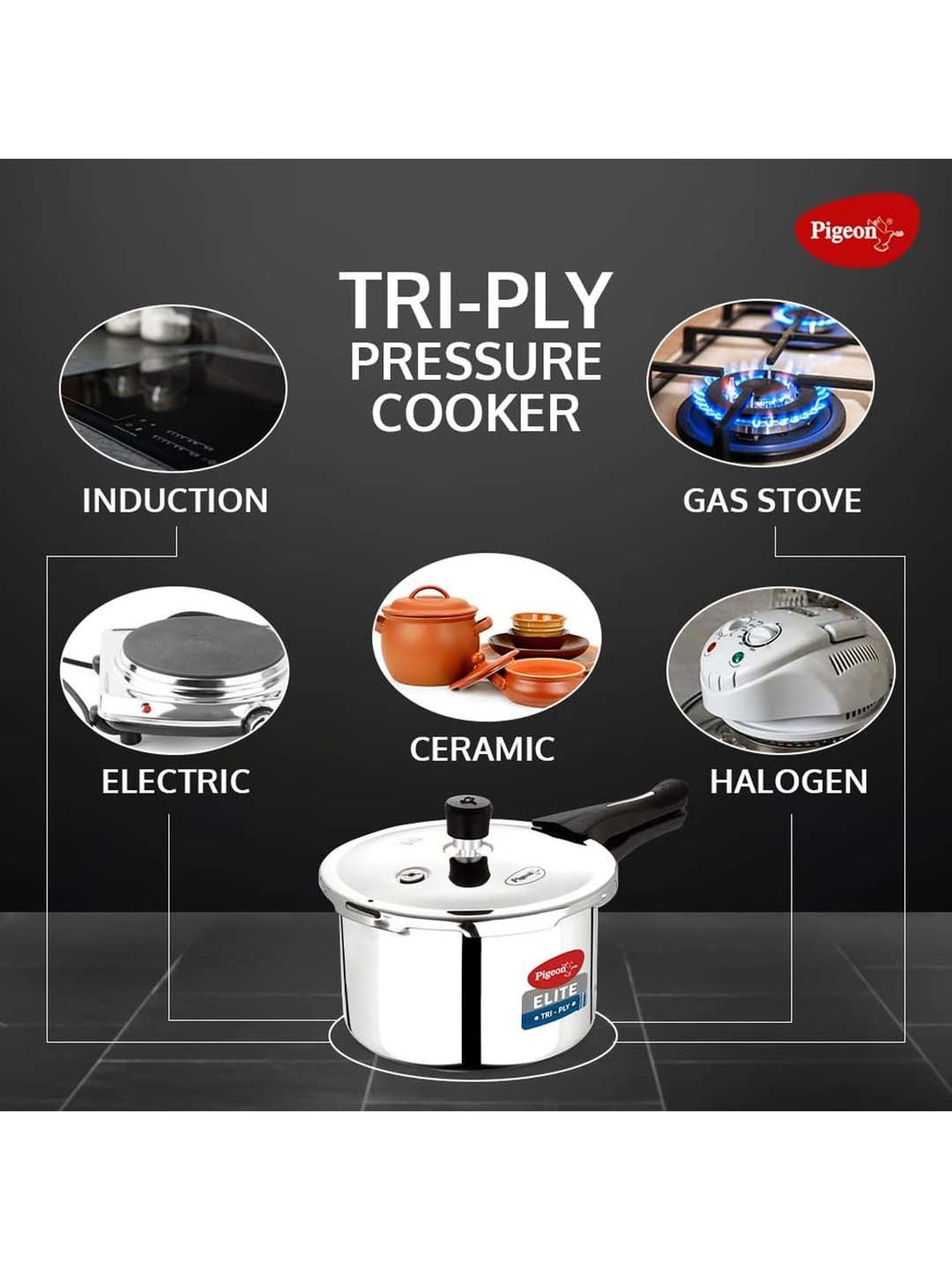 Pigeon Silver Stainless Steel Induction Elite Shine Triply Pressure Cooker (2 L)