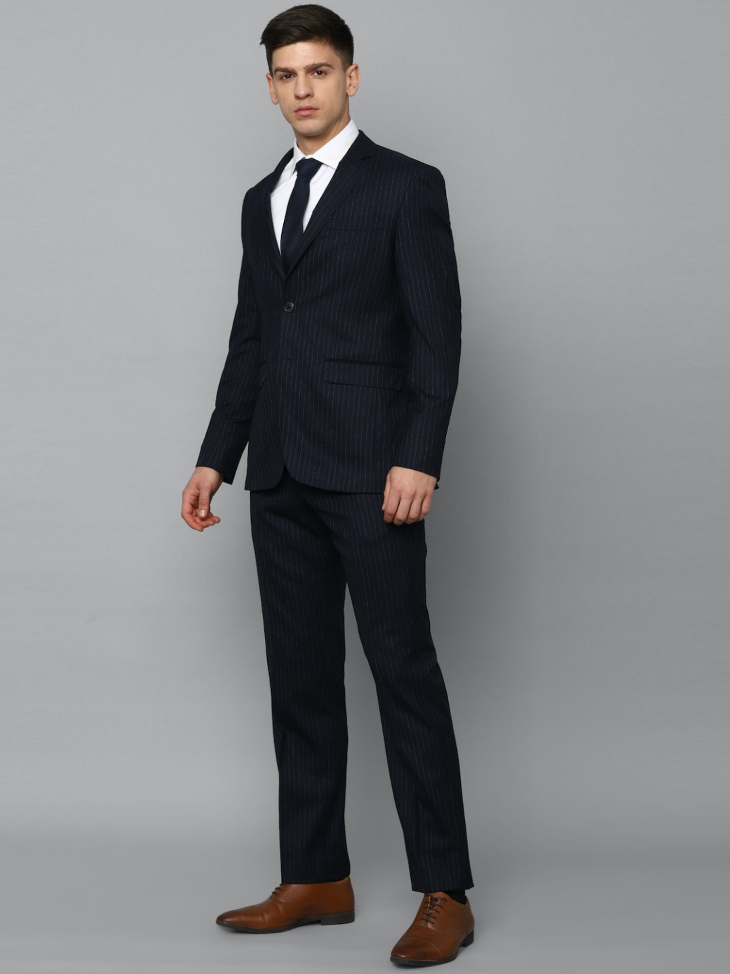 Luxure By Louis Philippe Navy Slim Fit Striped Two Piece Suit