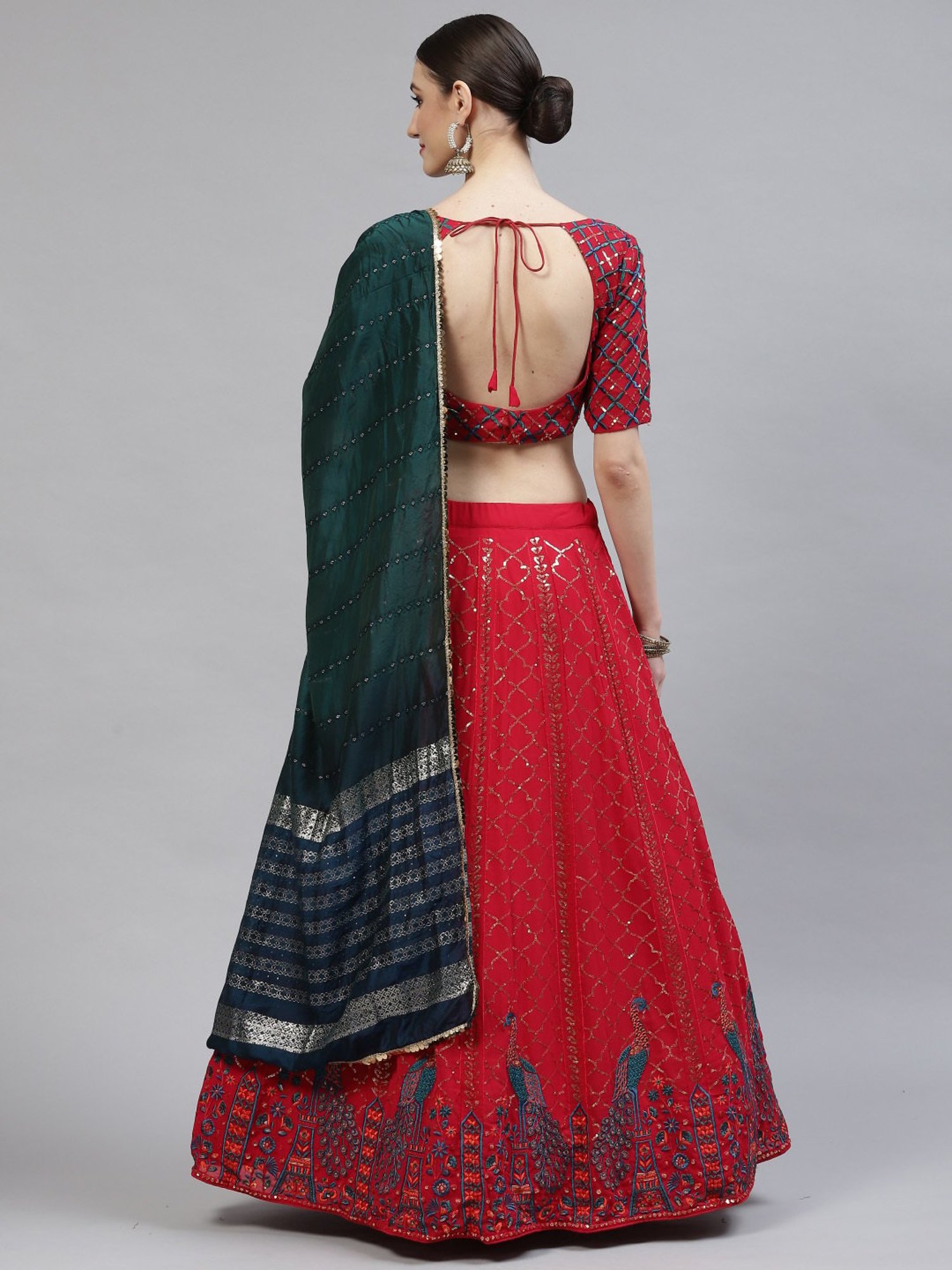 SHUBHKALA Pink & Green Embellished Lehenga and Choli Set With Dupatta