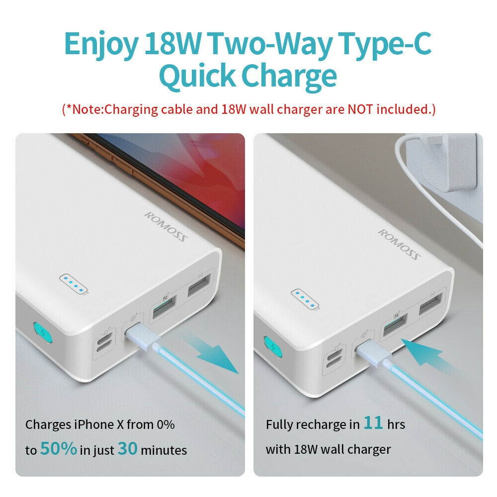 18W PD 30000mAh Portable Power Bank Type-C QC3.0 Charger + Lightning Cord