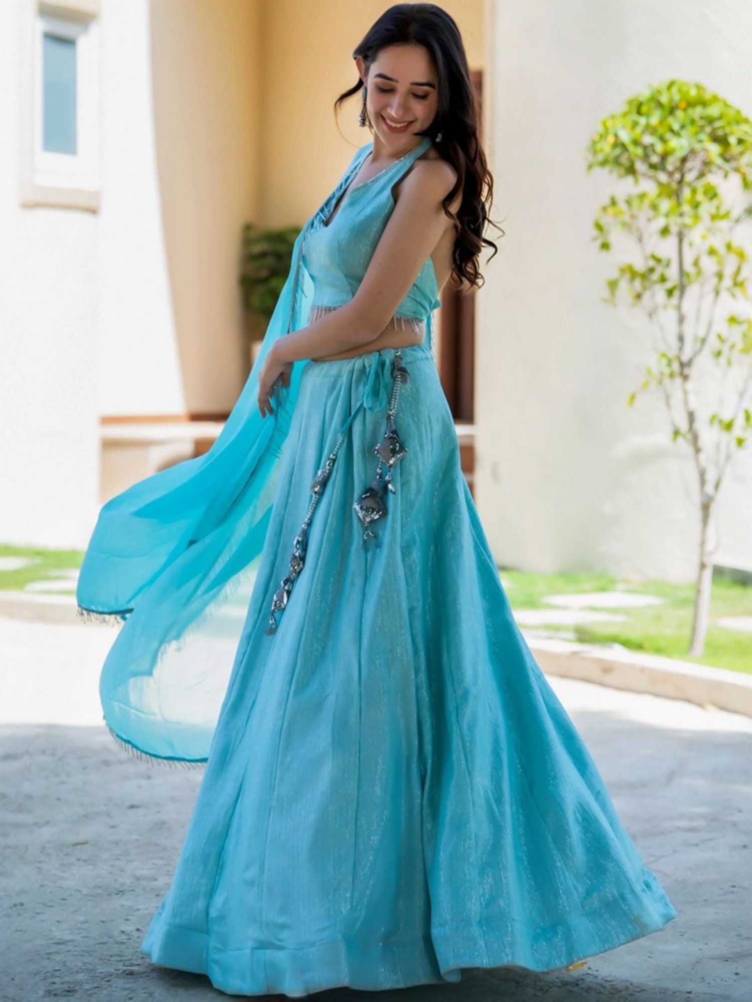 HOUSE OF JAMOTI Turquoise Embellished Lehenga Choli Set With Dupatta