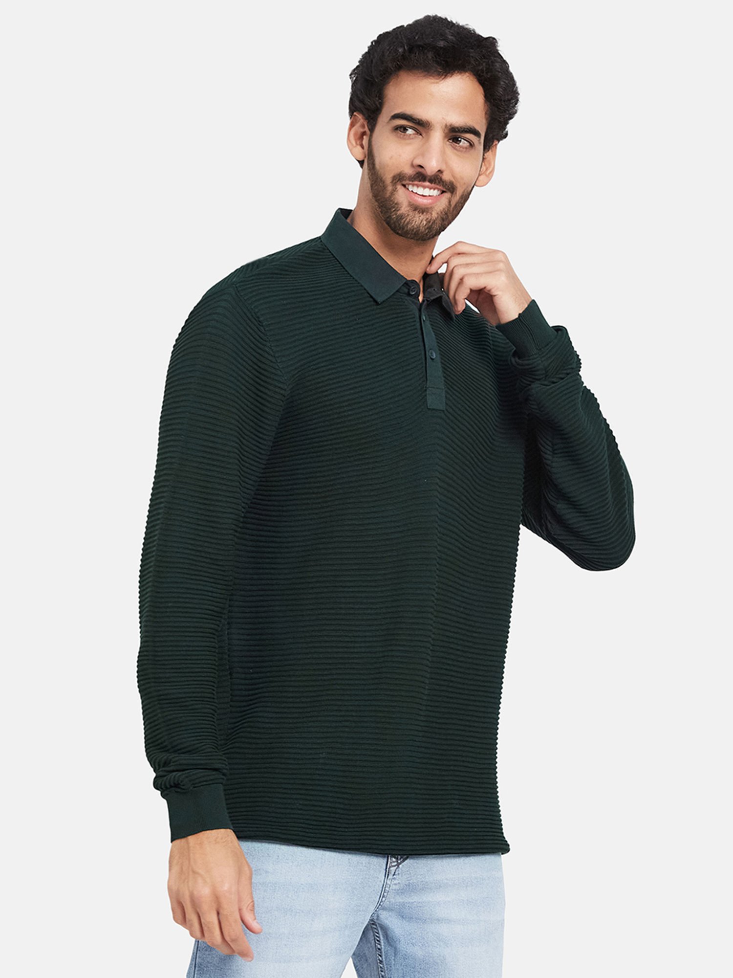 METTLE Mountain Green Regular Fit Self Design Polo Neck Sweater