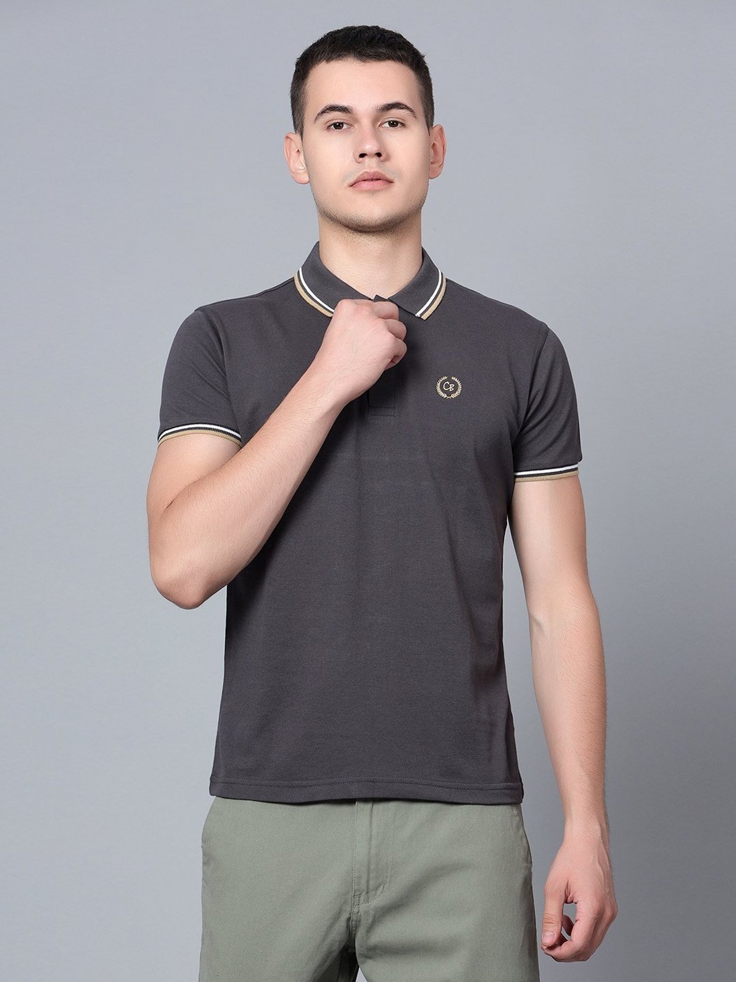 Cantabil Dark Grey Cotton Regular Fit Polo T-Shirt