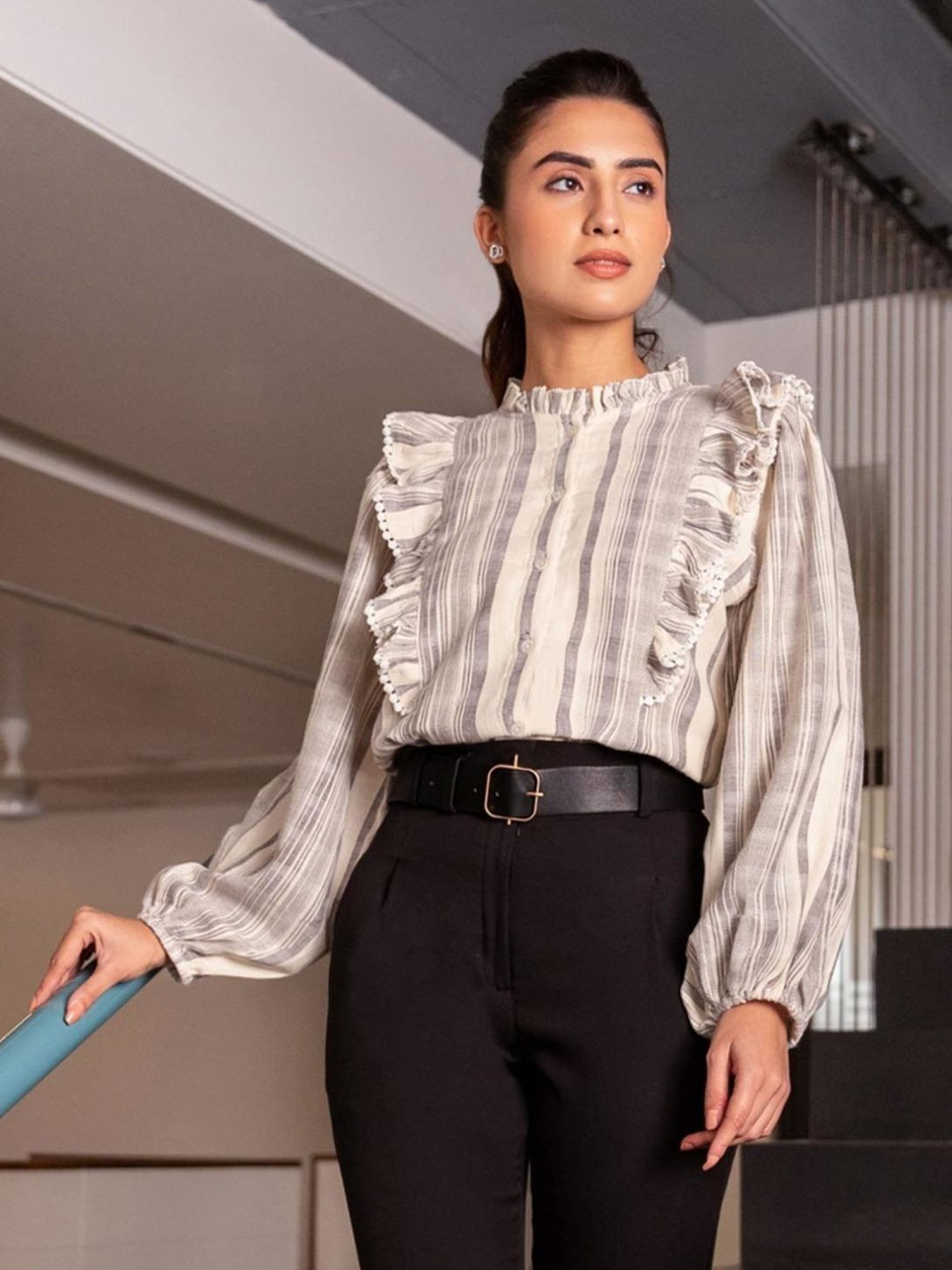 BInfinite Grey Cosmo Striped Ruffled Shirt