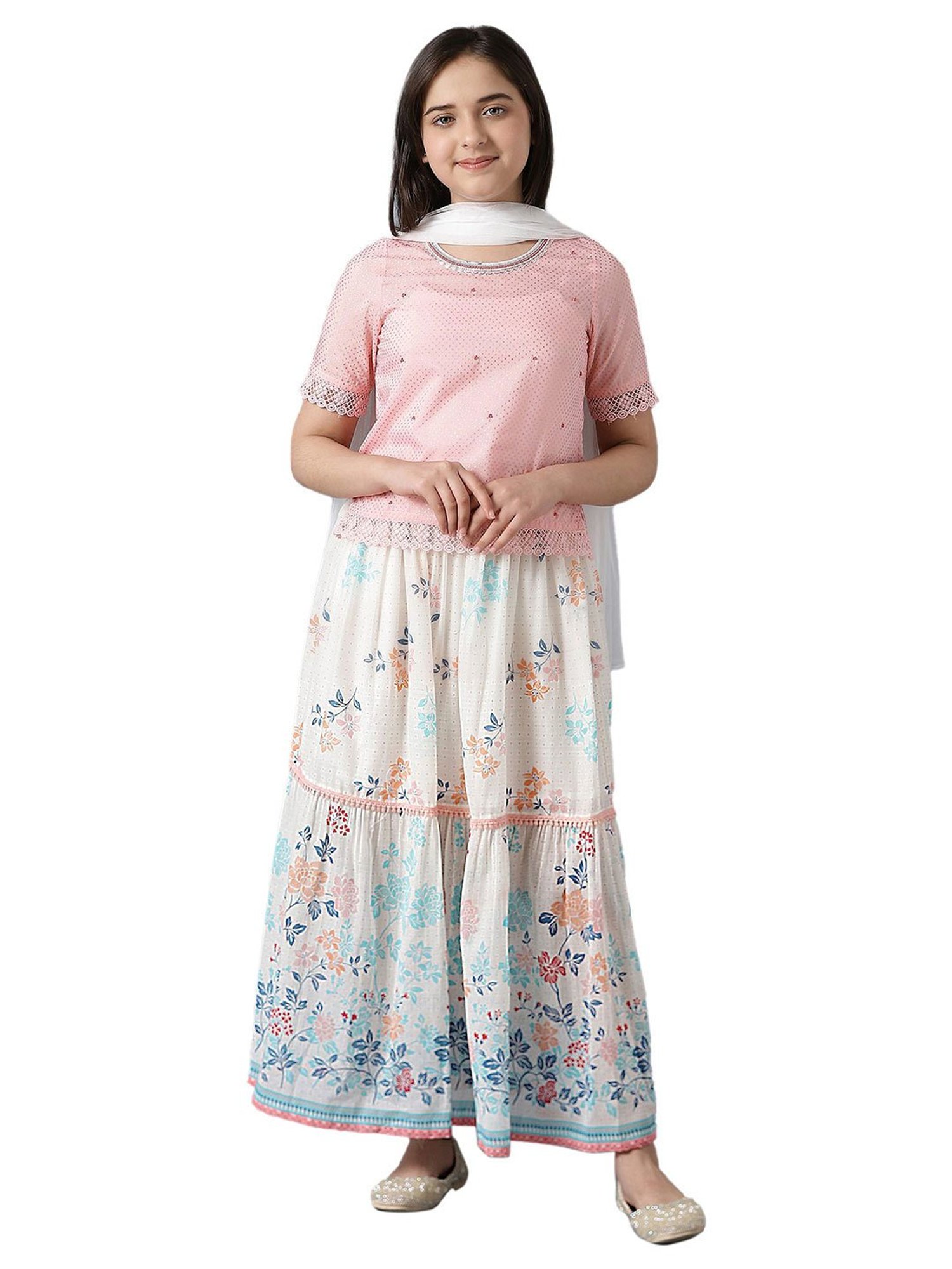 Aurelia Kids Pink & White Printed Top with Skirt & Dupatta