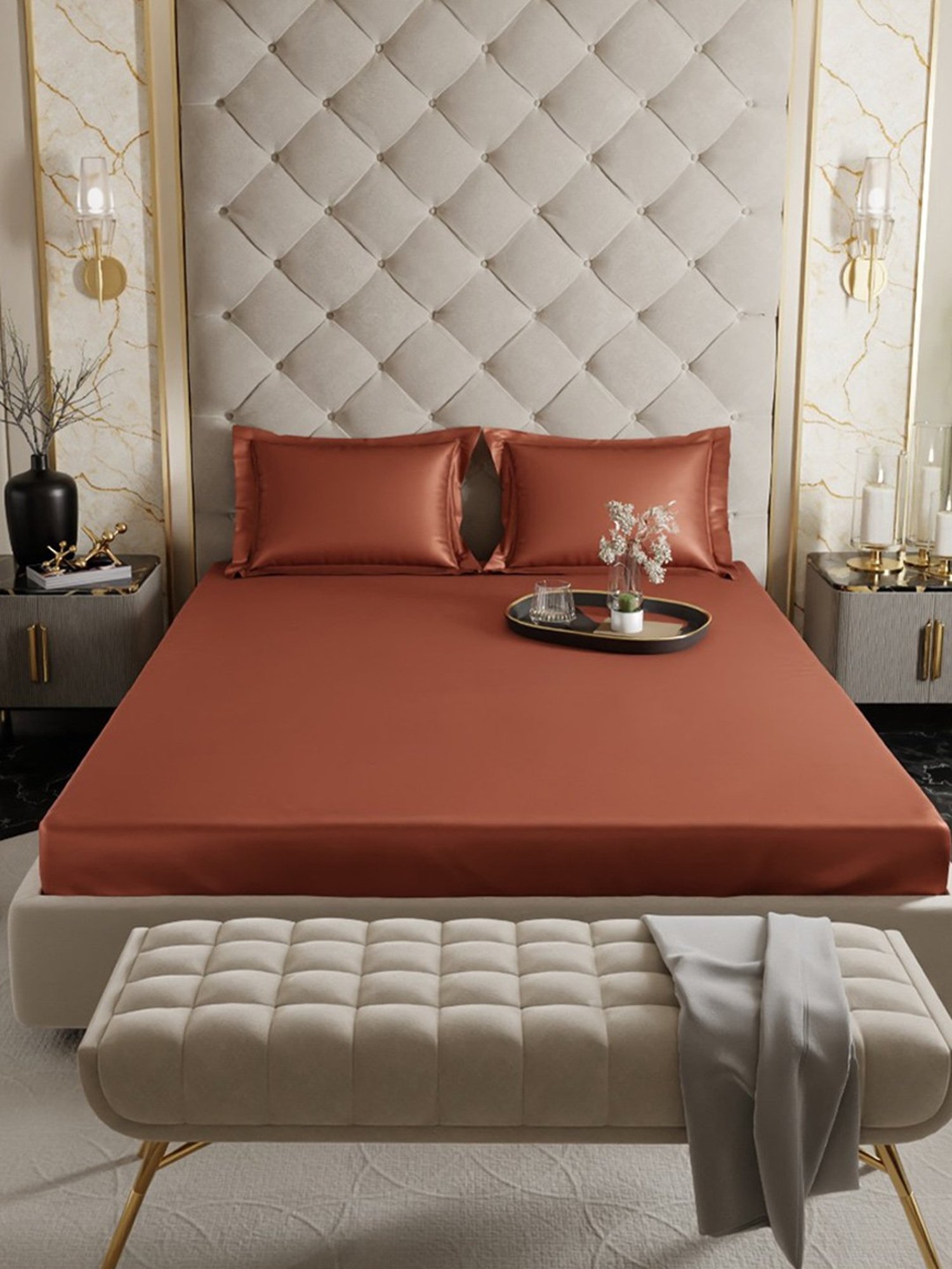 Stoa Paris Tan 300 TC Polyester Super King Fitted Sheet with 2 Pillow Covers