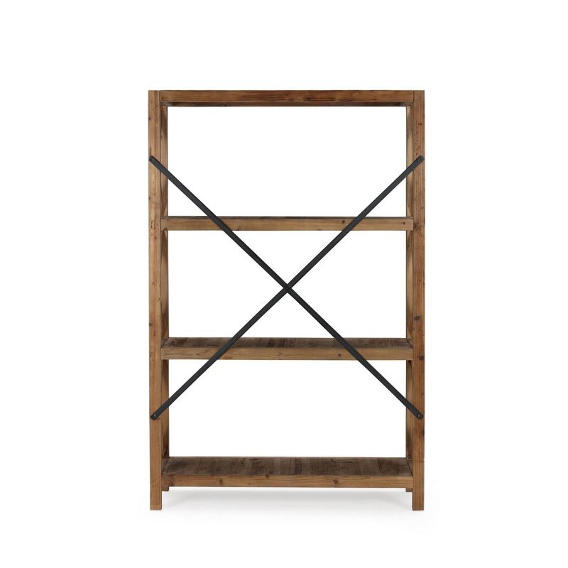 71" 4 Tier Farmhouse Wooden Frame Bookcase with X Shaped Back Brown - Benzara
