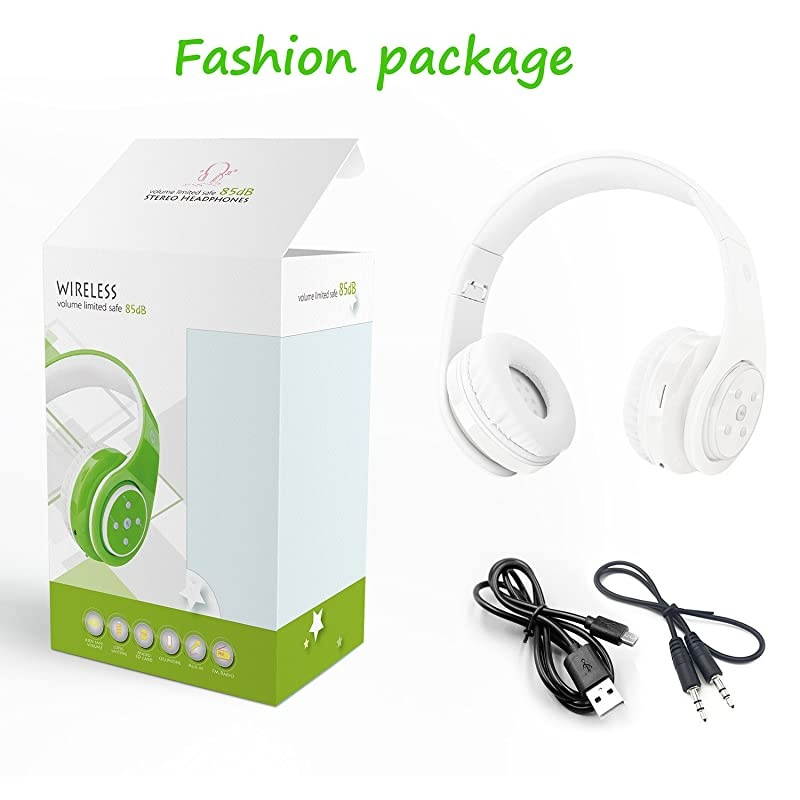 Headphones for Kids, 85db Volume Limited, up to 6-8 Hours Play, Stereo Sound, SD Card Slot, Over-Ear and Build-in Mic Wireless/Wired Headphones for Boys Girls(White)
