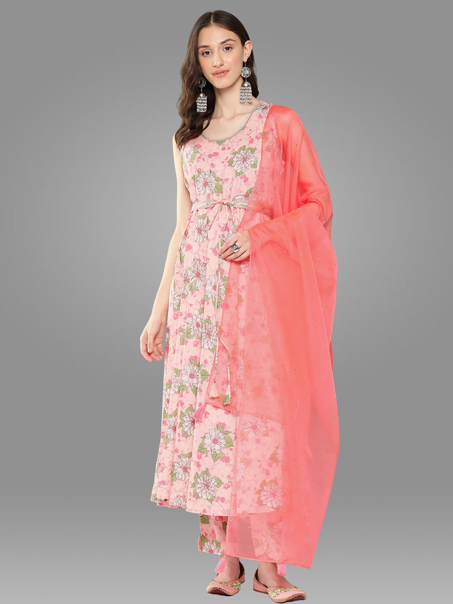 Janasya Peach Floral Print Kurta With Pant & Dupatta